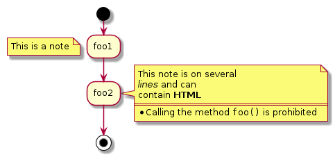 @startuml

start
:foo1;
floating note left: This is a note
:foo2;
note right
  This note is on several
  //lines// and can
  contain <b>HTML</b>
  ====
  * Calling the method ""foo()"" is prohibited
end note
stop

@enduml