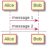 @startuml

Alice -> Bob : message 1
Alice -> Bob : message 2

newpage

Alice -> Bob : message 3
Alice -> Bob : message 4

newpage A title for the\nlast page

Alice -> Bob : message 5
Alice -> Bob : message 6
@enduml