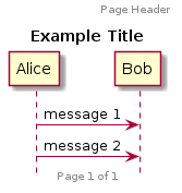 @startuml

hide footbox
header Page Header
footer Page %page% of %lastpage%

title Example Title

Alice -> Bob : message 1
Alice -> Bob : message 2

@enduml