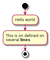@startuml
start
:Hello world;
:This is on defined on
several **lines**;
stop
@enduml
