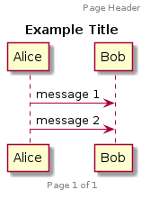@startuml

header Page Header
footer Page %page% of %lastpage%

title Example Title

Alice -> Bob : message 1
Alice -> Bob : message 2

@enduml